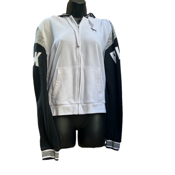 PINK Victoria's Secret Tops - Pink Victoria’s Secret full zip hoodie Size M white black gray approx size M